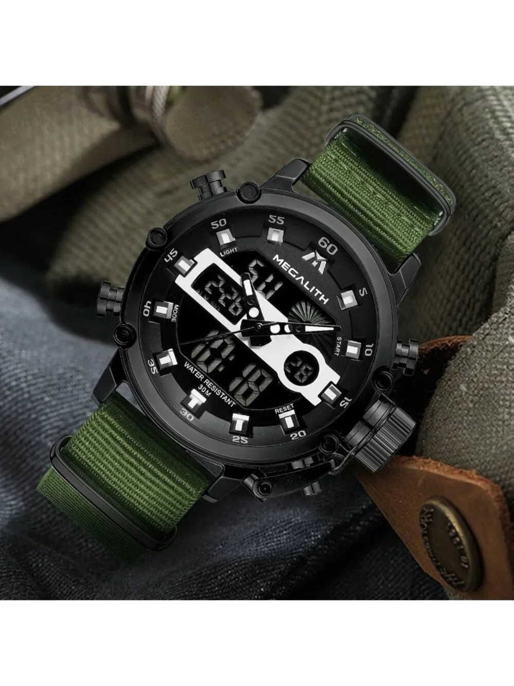 Men's Green And Black Analog Nylon Strap Waterproof Multifunction Digital Watch